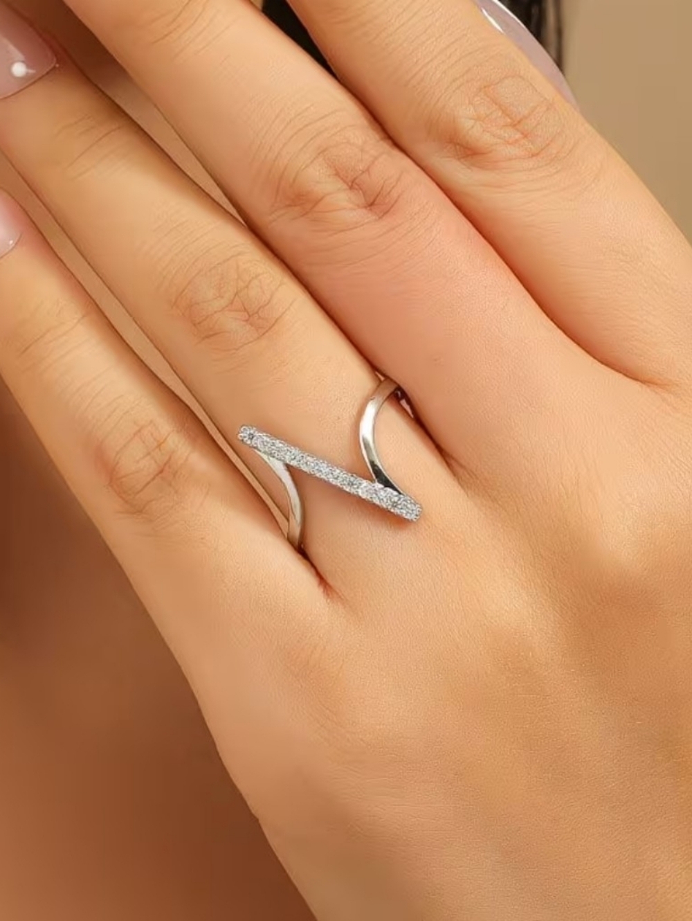 Silver Tone V-Accent Pavé Ring - Adjustable